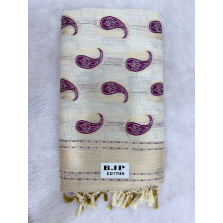 Cream Cotton Saree with Purple Paisley Prints & Gold Zari Border