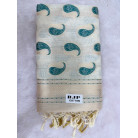 Cream Cotton Saree with Royal Green Paisley Prints & Gold Zari Border