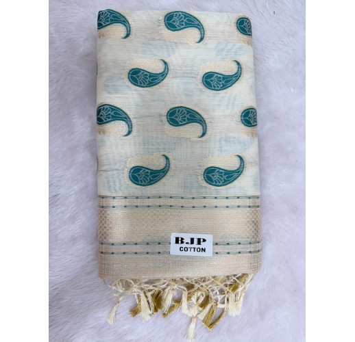 Cream Cotton Saree with Royal Green Paisley Prints & Gold Zari Border