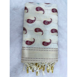 Cream Cotton Saree with Navy Red Paisley Prints & Gold Zari Border