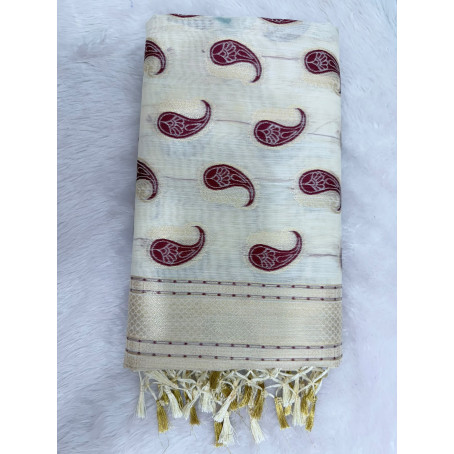 Cream Cotton Saree with Navy Red Paisley Prints & Gold Zari Border