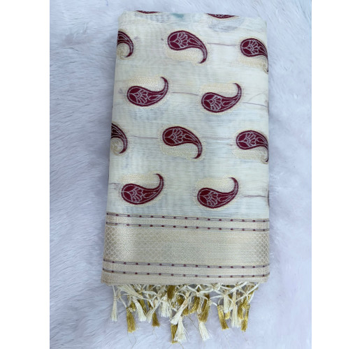 Cream Cotton Saree with Navy Red Paisley Prints & Gold Zari Border
