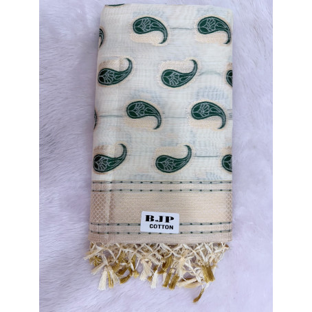 Cream Cotton Saree with Dark Green Paisley Prints & Gold Zari Border