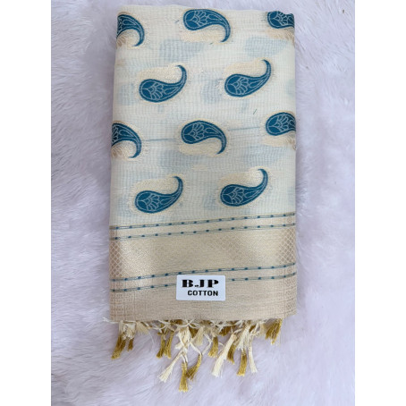 Cream Cotton Saree with Blue Paisley Prints & Gold Zari Border