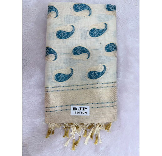 Cream Cotton Saree with Blue Paisley Prints & Gold Zari Border