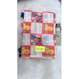 Orange Checkered Linen Cotton Saree with Floral Prints