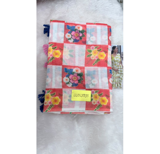 Orange Checkered Linen Cotton Saree with Floral Prints