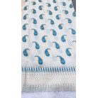 Cream Cotton Saree with Blue Paisley Prints & Gold Zari Border