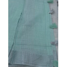 light blue Linen Cotton Saree with Silver Zari Border & Floral Embroidered Blouse
