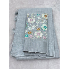 Charcoal Grey Linen Cotton Saree with Silver Zari Border & Floral Embroidered Blouse