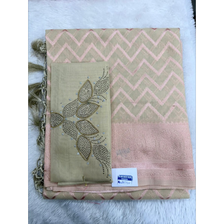 Beige & Baby Pink Chevron  Cotton Saree with Embellished Blouse Piece