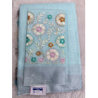 Sky Blue Linen Cotton Saree with Silver Zari Border & Floral Embroidered Blouse