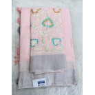 Pink Linen Cotton Saree with Silver Zari Border & Floral Embroidered Blouse