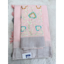 Pink Linen Cotton Saree with Silver Zari Border & Floral Embroidered Blouse