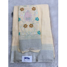 yellow Linen Cotton Saree with Silver Zari Border & Floral Embroidered Blouse