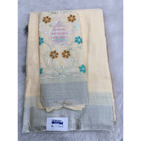 yellow Linen Cotton Saree with Silver Zari Border & Floral Embroidered Blouse