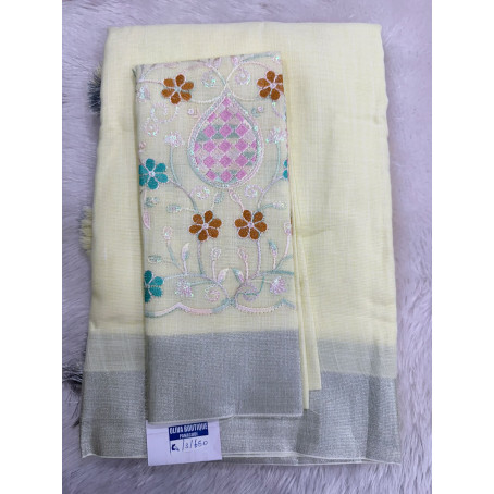  Linen Cotton Saree with Silver Zari Border & Floral Embroidered Blouse