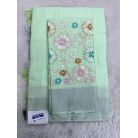 green Linen Cotton Saree with Silver Zari Border & Floral Embroidered Blouse