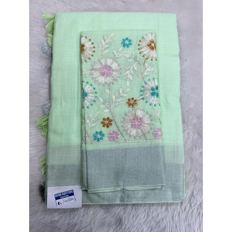 green Linen Cotton Saree with Silver Zari Border & Floral Embroidered Blouse
