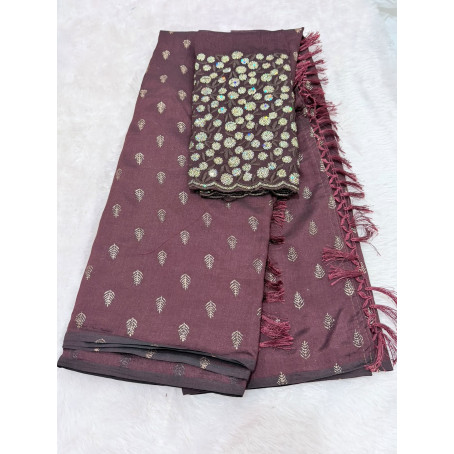 Premium Wine Brown Cotton Silk Saree with Zari Butta & Designer Sequins Blouse | Tassel Pallu