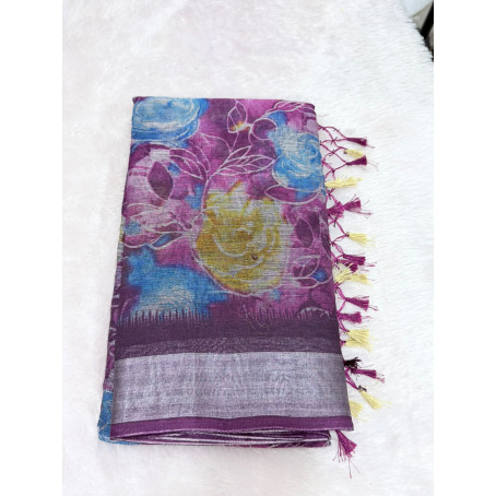 Dark Purple Floral Digital Print Soft Linen Tissue Saree with Silver Zari Border & Tassels