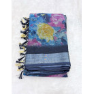 Ocean Blue Floral Digital Print Soft Linen Tissue Saree with Silver Zari Border & Tassels