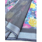 Ocean Blue Floral Digital Print Soft Linen Tissue Saree with Silver Zari Border & Tassels