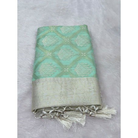 Mint Green Jacquard Saree with Elegant Golden Woven Design & Tassel Pallu