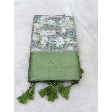 Sage Green Leafy Floral Tissue Linen Saree