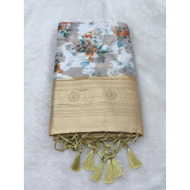 Gold Leafy Floral Tissue Linen Saree