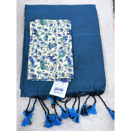  Blue khadi Cotton Saree with Kalamkari Printed Blouse 1182