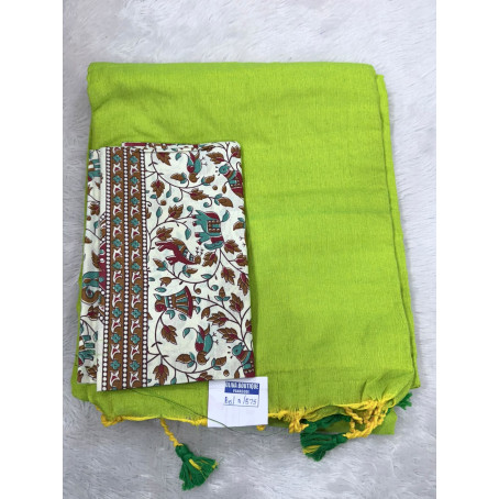 Green khadi Cotton Saree with Kalamkari Printed Blouse1180