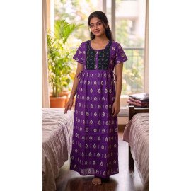 Women's Premium Cotton Printed Maxi Nighty  Purple & Black  Soft Comfortable Full Length Night Gown & without pocket