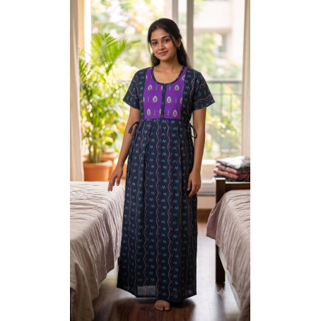 Women's Premium Cotton Printed Maxi Nighty  Navy Blue & Purple  Soft Comfortable Full Length Night Gown without pocket