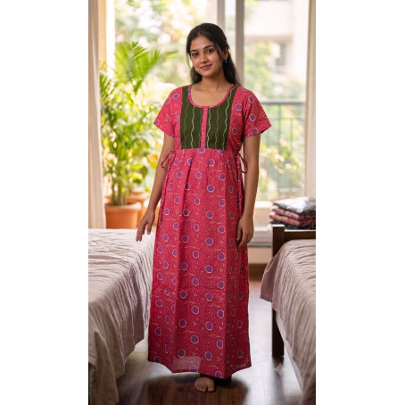 Women's Premium Cotton Printed Maxi Nighty  Pink & Olive Green  Soft Comfortable Full Length Night Gown without pocket