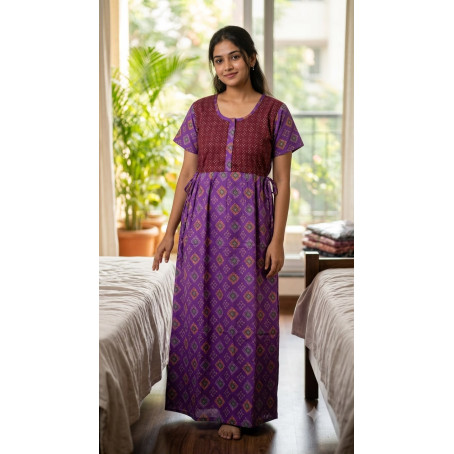 Women's Premium Cotton Printed Maxi Nighty  Purple & Maroon  Soft Comfortable Full Length Night Gown With Pocket