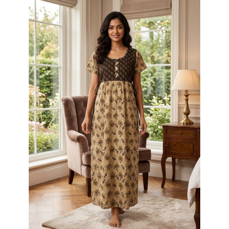 Women's Premium Cotton Printed Maxi Nighty  Beige & Coffee Brown  Soft Comfortable Full Length Night Gown With Pocket