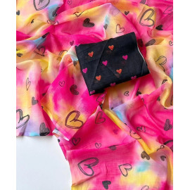 Vibrant Pink & Yellow Tie-Dye Linen Saree with Black Heart Motif Blouse