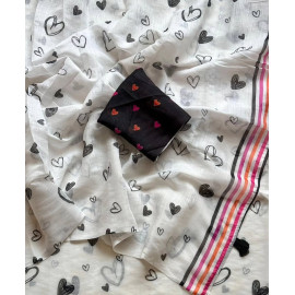 White Tie-Dye Linen Saree with Black Heart Contrast Blouse