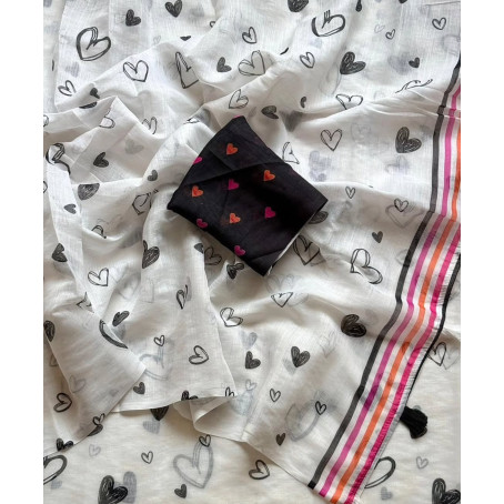 White Tie-Dye Linen Saree with Black Heart Contrast Blouse