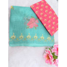 GREEN LINEN COTTON SAREE WITH PINK BLOUSE & GOLDEN BORDER & FLORAL DESIGN