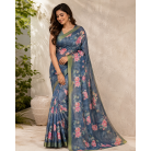 Elegant Dark Teal Floral Print Linen Cotton Saree with Green Border