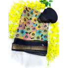 MARSHM YELLOW  FLORAL PRINT SAREE BLACK & GLOD ZARI BORDER