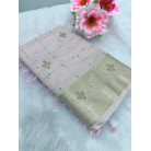 Pastel Pink Raw Cotton Saree with Metallic Checks, Gold Zari Border & Beaded Motifs