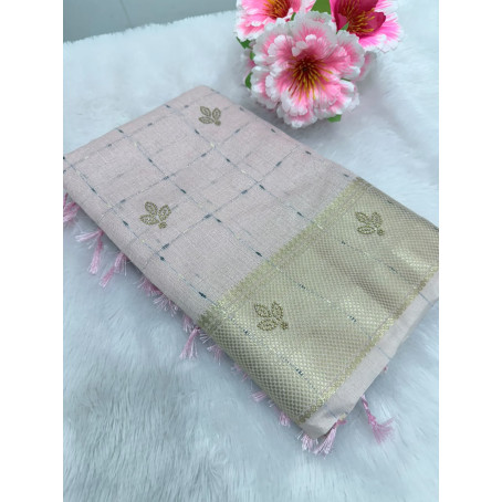Pastel Pink Raw Cotton Saree with Metallic Checks, Gold Zari Border & Beaded Motifs
