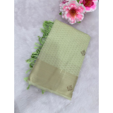 Pastel Green Raw Cotton Saree with Metallic Checks, Gold Zari Border & Beaded Motifs