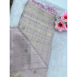 Pastel Pink Raw Cotton Saree with Metallic Checks, Gold Zari Border & Beaded Motifs