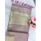 Pastel Onion Pink Raw Cotton Saree with Metallic Checks, Gold Zari Border & Beaded Motifs