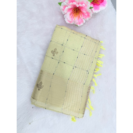Pastel Pistachio Green Raw Cotton Saree with Metallic Checks, Gold Zari Border & Beaded Motifs