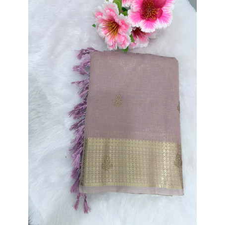 Pastel Onion Pink Raw Cotton Saree with Metallic Checks, Gold Zari Border & Beaded Motifs